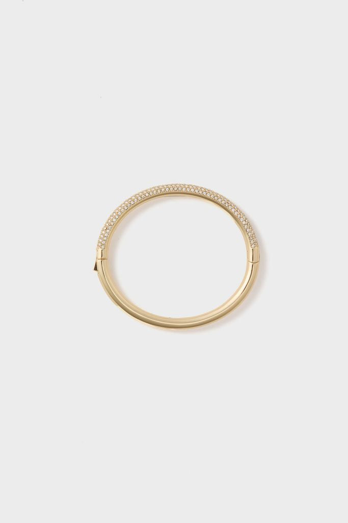 Gold and Pave Tubular Bracelet: Classic, hinged bangle with sparkling pavé stones on top, smooth polished gold-tone on bottom, perfect for effortless high-end elegance.