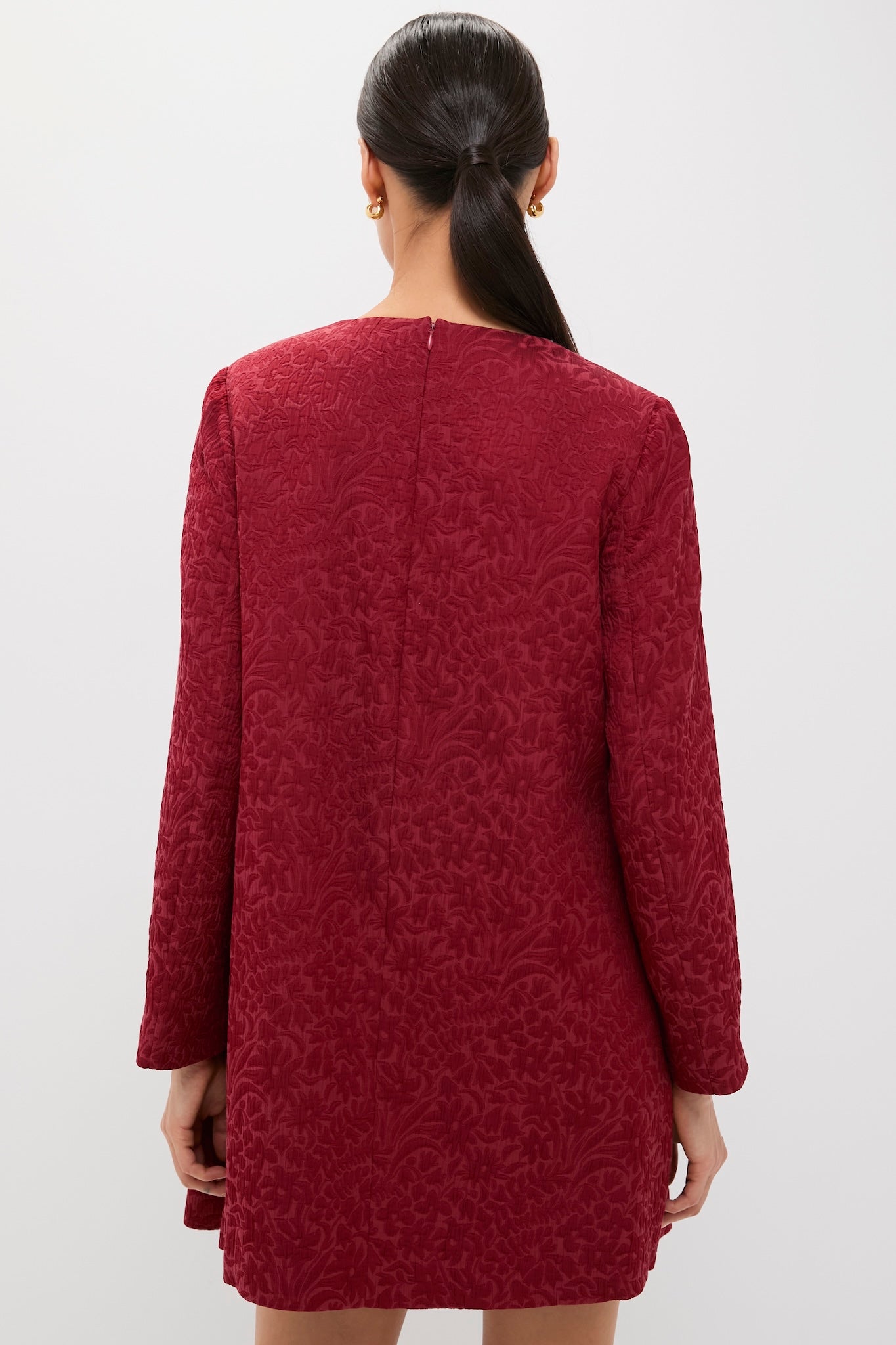 Cranberry Jacquard Blair Bow Dress on model, showcasing classic, effortless style with textured fabric, A-line silhouette, and bow detail—perfect for a high-end, fun occasion.