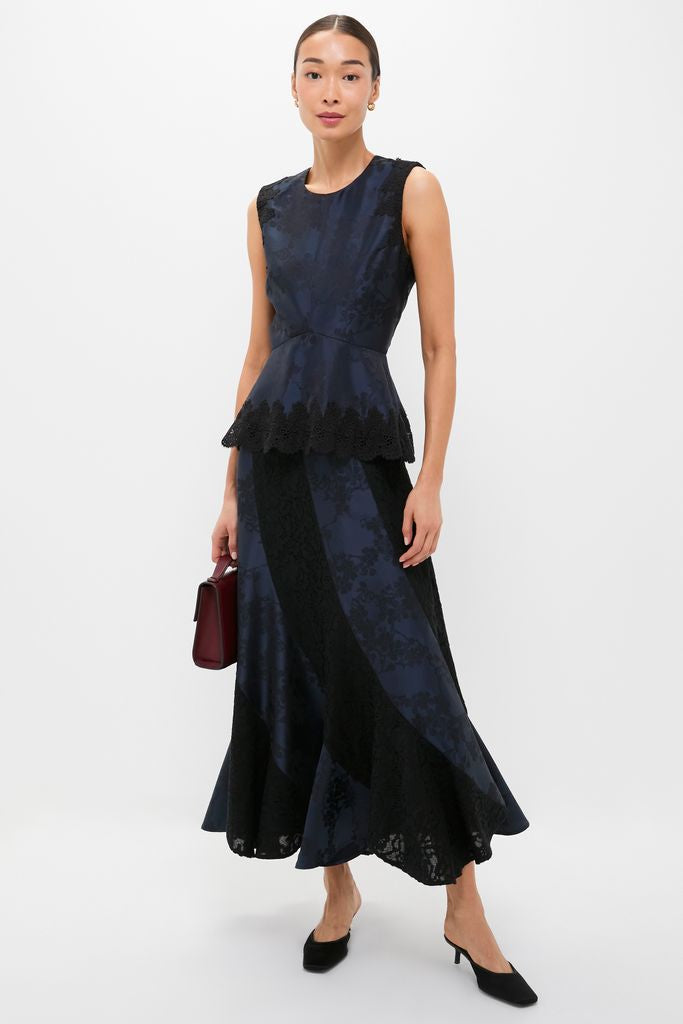 Tuckernuck Navy Jacquard and Black Lace Margy Top Navy / S