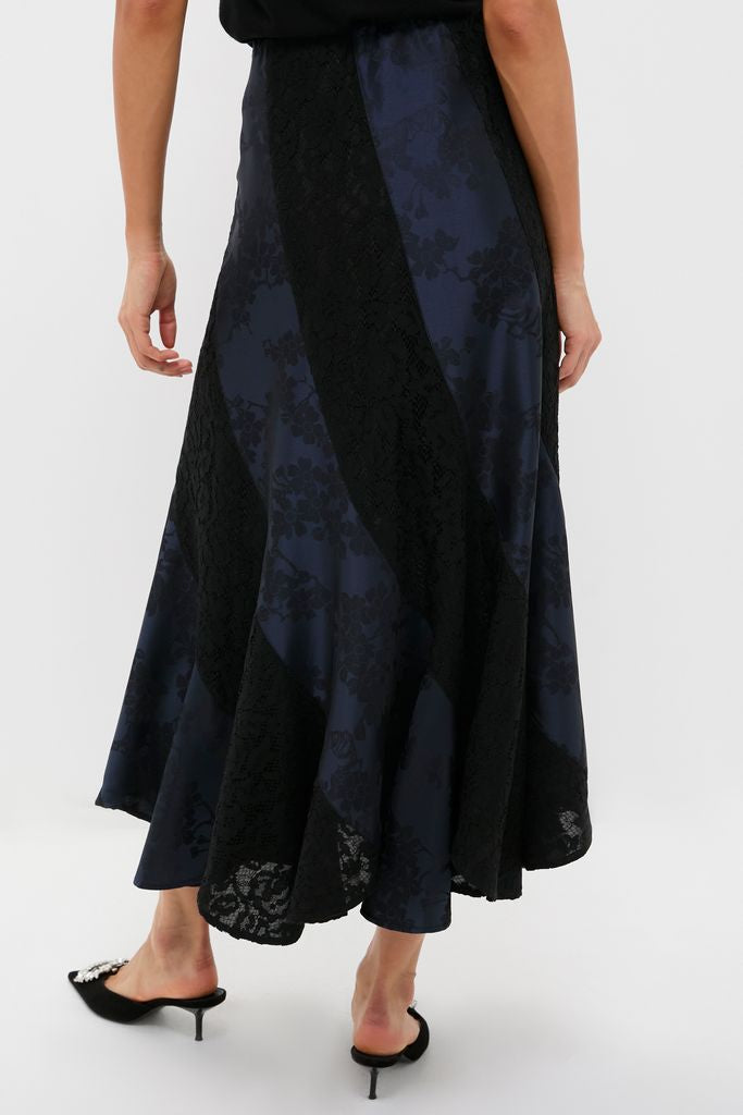 Navy Jacquard and Black Lace Mallory Skirt, featuring an effortless A-line silhouette, perfect for a fun, high-end look with classic floral and lace details.