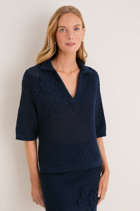 Navy Crochet Penny Polo