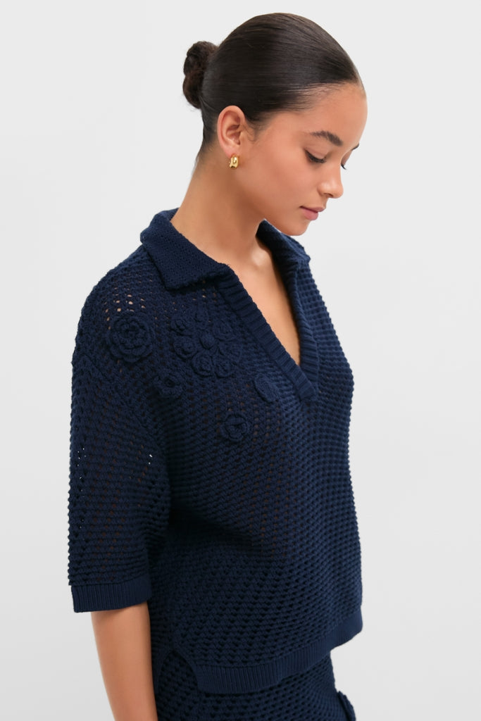 Navy Crochet Penny Polo