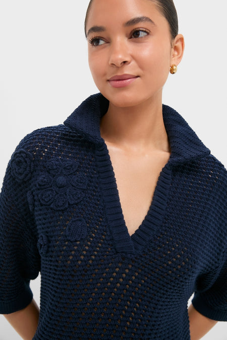 Navy Crochet Penny Polo