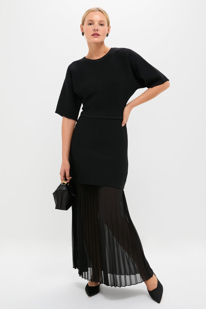 Black Knit Pleated Chiffon Nancy Dress