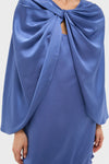 Blue Satin Mountbatten Cape featuring a classic, effortless knot design at the chest, perfect for fun, high-end holiday celebrations.