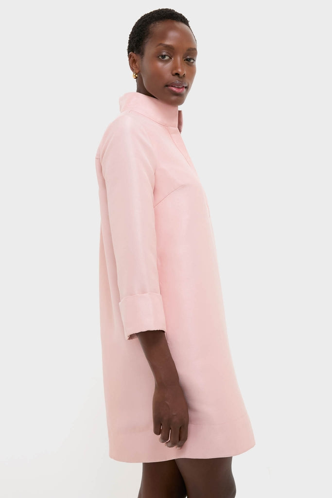 Soft Pink Dupioni Megan Dress: A classic, effortlessly chic, pastel-pink A-line shift with a stand collar and three-quarter sleeves, perfect for fun, high-end events.