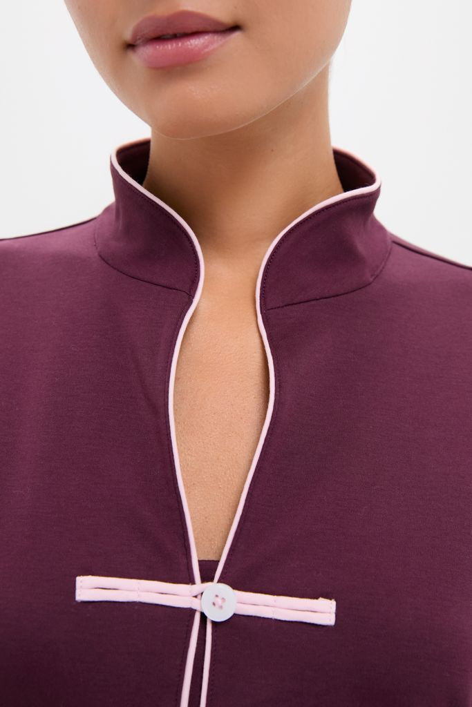 Close-up of a classic, high-end Winetasting Wilford Women's Pajama Set with a mandarin collar, featuring effortless elegance and fun detailing for a confident, stylish look.