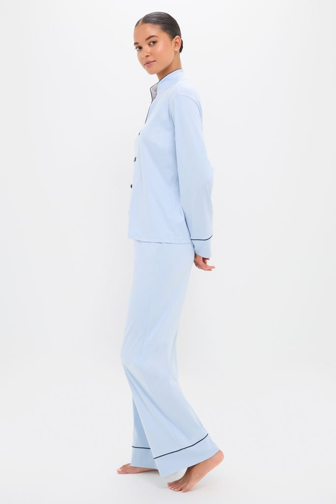 Light Blue Wilford Women's Pajama Set with mandarin collar, black contrast trim, and elastic waist. A classic, effortless, high-end choice for fun family moments.