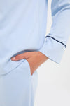 Light Blue Wilford Women's Pajama Set features a classic mandarin collar, effortless contrast trim, and a fun, high-end design with side pockets and button placket.