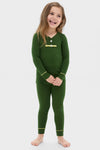 Douglas Fir Pima Cotton Arien Kid's Pajama Set on a smiling child, showcasing classic, effortless style with a mandarin collar, fun contrast trim, and high-end comfort.