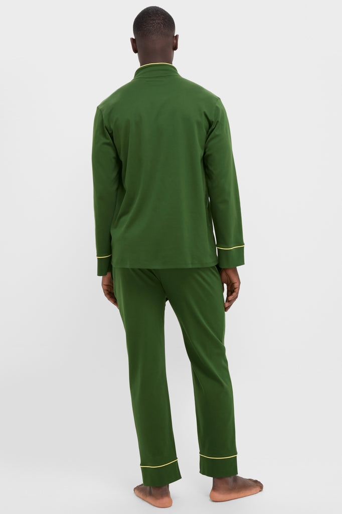 Back view of a person wearing the classic Douglas Fir Pima Cotton Wilford Men's Pajama Set, featuring effortless contrast trim and mandarin collar, embodying high-end comfort and fun style.