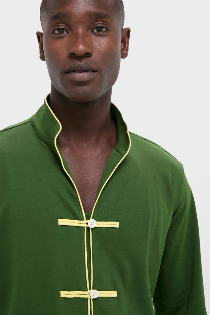 Douglas Fir Pima Cotton Wilford Men's Pajama Set features a classic mandarin collar and effortless yellow trim, offering a high-end, fun, and cozy style.