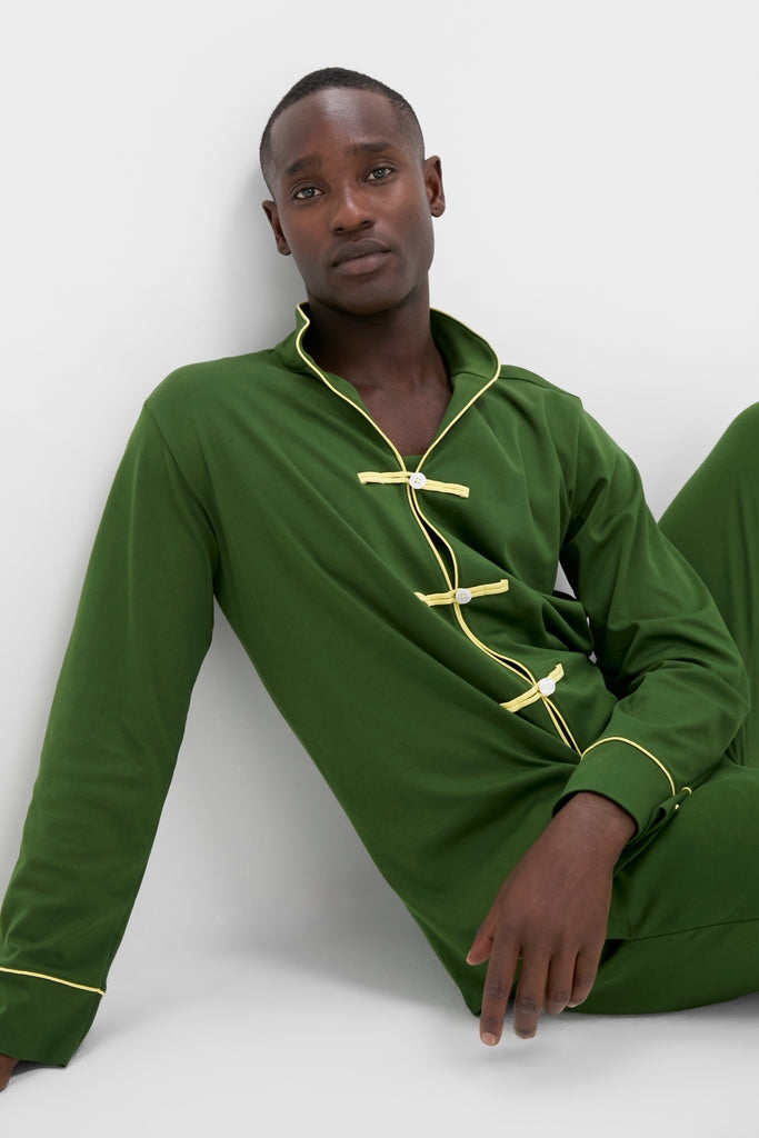 Douglas Fir Pima Cotton Wilford Men's Pajama Set features an effortless, classic look with a mandarin collar and contrast trim, embodying high-end comfort for fun family moments.