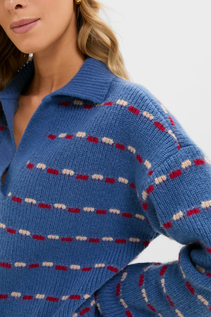 Navy Striped Jansen V-Neck Polo Sweater