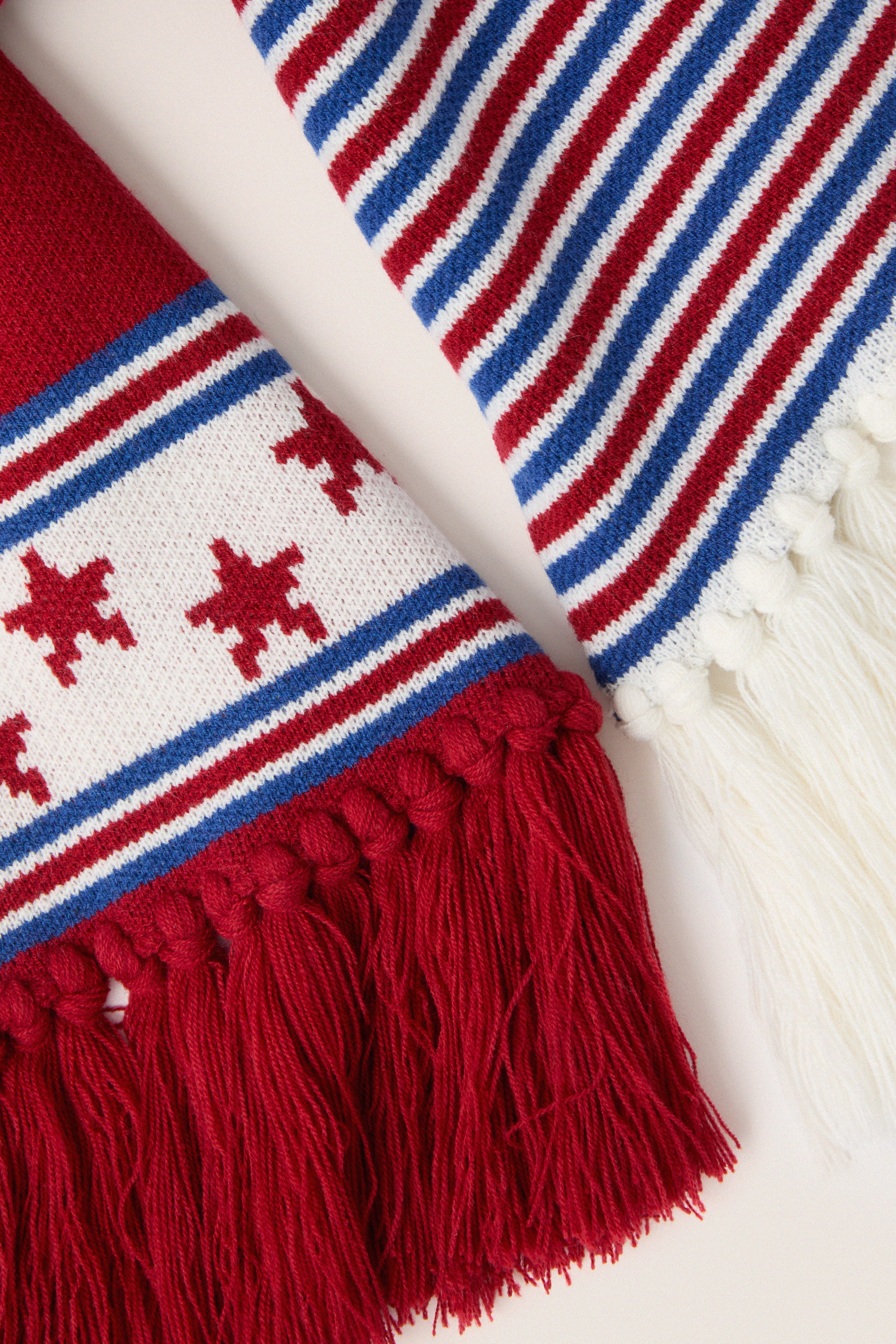 USA Salt Lake Scarf featuring classic red, white, and blue stripes with geometric motifs and contrast tassels, offering an effortless, fun, high-end Americana winter style.