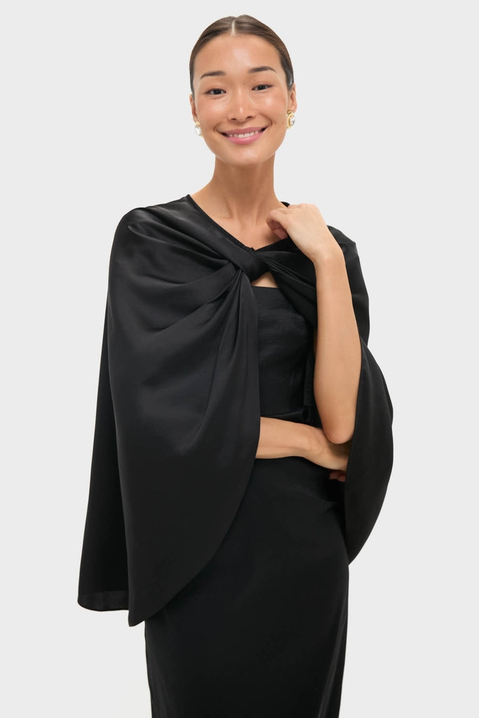 black cape for dress Estelle Gown in Naia Satin The Jovani 39957 is a stunning fitted gown that combines classic elegance with modern flair Black Satin Mountbatten Cape |