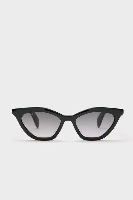 Shiny Black Cat-Eye Mods Sunglasses, classic and high-end design, offer effortless style with their sleek frame and gray-gradient lenses, embodying fun sophistication for any occasion.