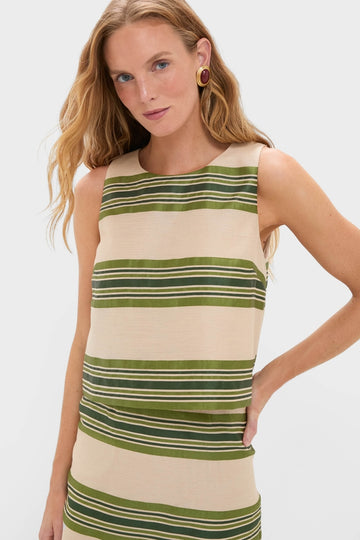 Model wearing the classic Satin Stripe Kerri Top, featuring luxe satin stripes and an effortless, boxy fit, embodying a fun and high-end look.