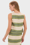 Woman wearing classic Satin Stripe Kerri Top with olive-green stripes, flaunting an effortless, high-end style. Perfectly paired with the matching skirt for a fun, coordinated look.
