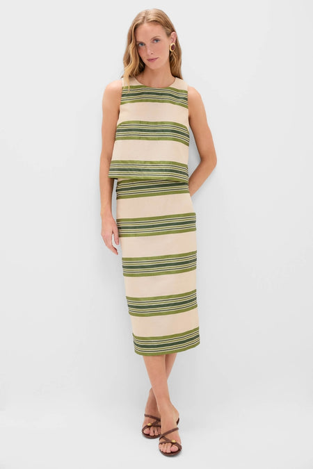 Model wearing the classic Satin Stripe Kerri Top, effortlessly chic in a sleeveless, boxy cut paired with matching skirt, embodying Tuckernuck's high-end, fun style.