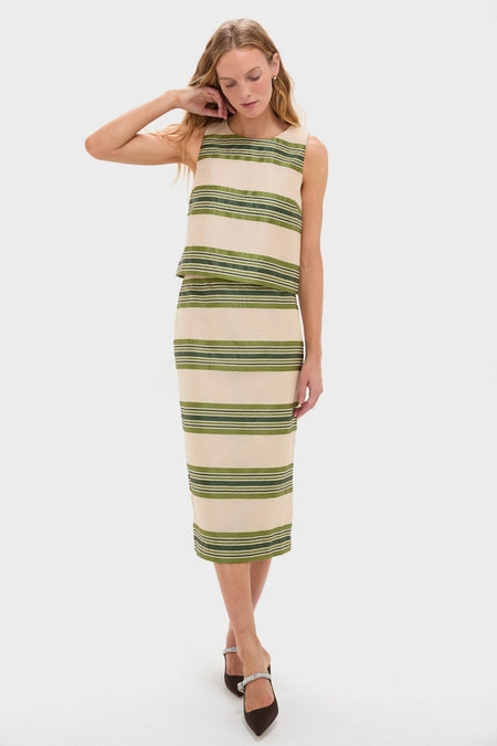 Model in a classic, high-end Satin Stripe Kerri Top, showcasing effortless style with a boxy fit and luxe satin stripes, paired with a matching pencil skirt.