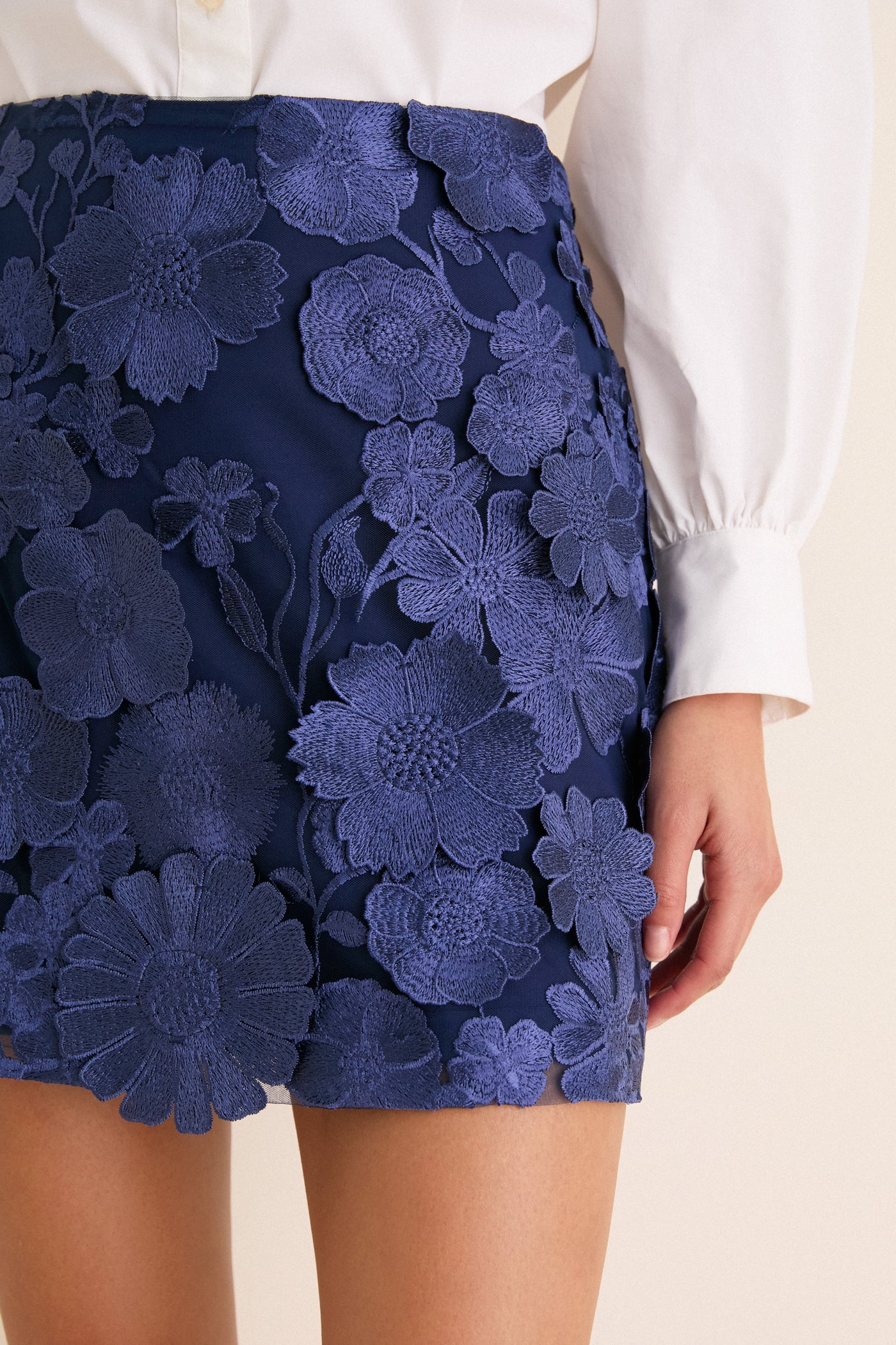 hyacinth house navy faux leather pinafore dress Cornflower Blue & Navy Crochet Cooper Mini Dress