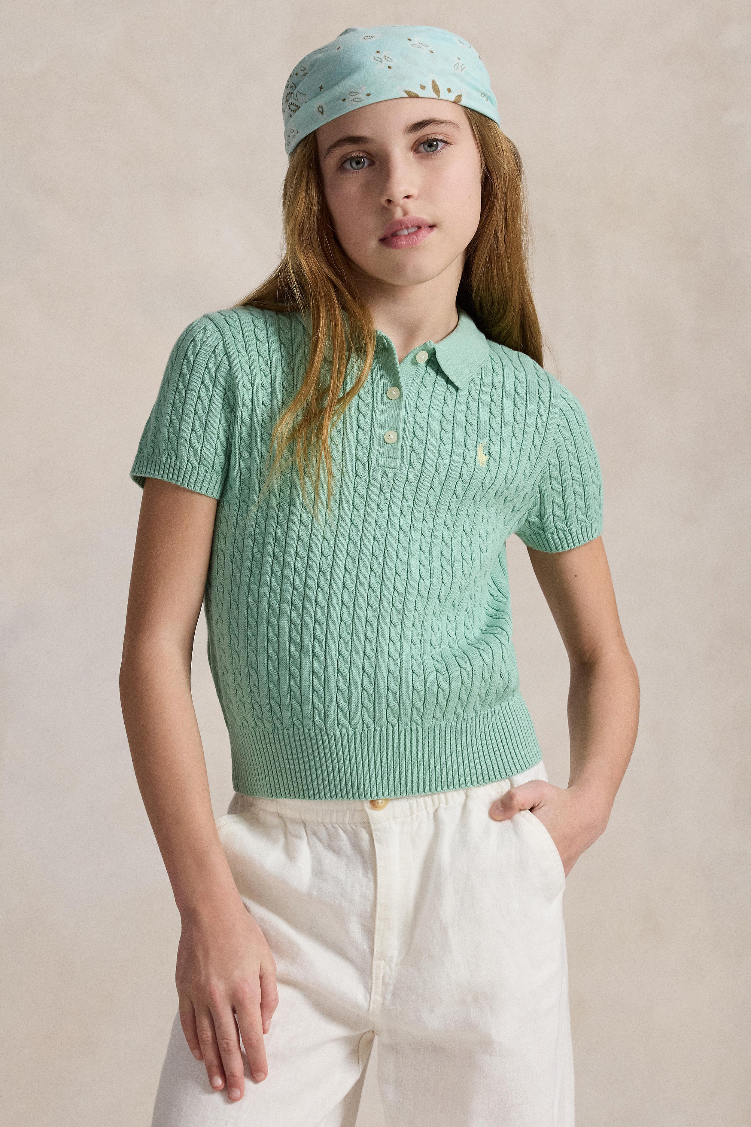 Girls Short-Sleeve Combed Cotton Mini Cable Knit Polo | Polo Ralph