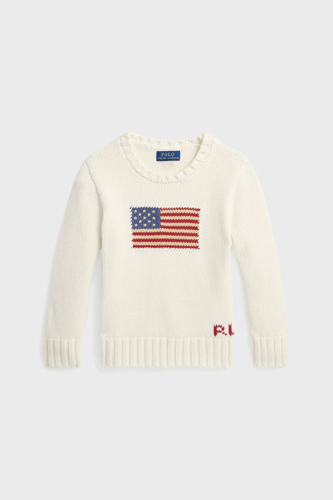 White Little Boys Flag Cotton Crewneck Sweater