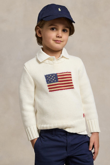 White Little Boys Flag Cotton Crewneck Sweater