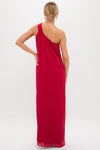 Elegant woman in a classic, high-end Red Soleil Gown, featuring a one-shoulder design and sleek silhouette, exuding effortless sophistication and fun for stylish occasions.