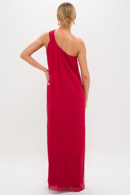 Elegant woman in a classic, high-end Red Soleil Gown, featuring a one-shoulder design and sleek silhouette, exuding effortless sophistication and fun for stylish occasions.