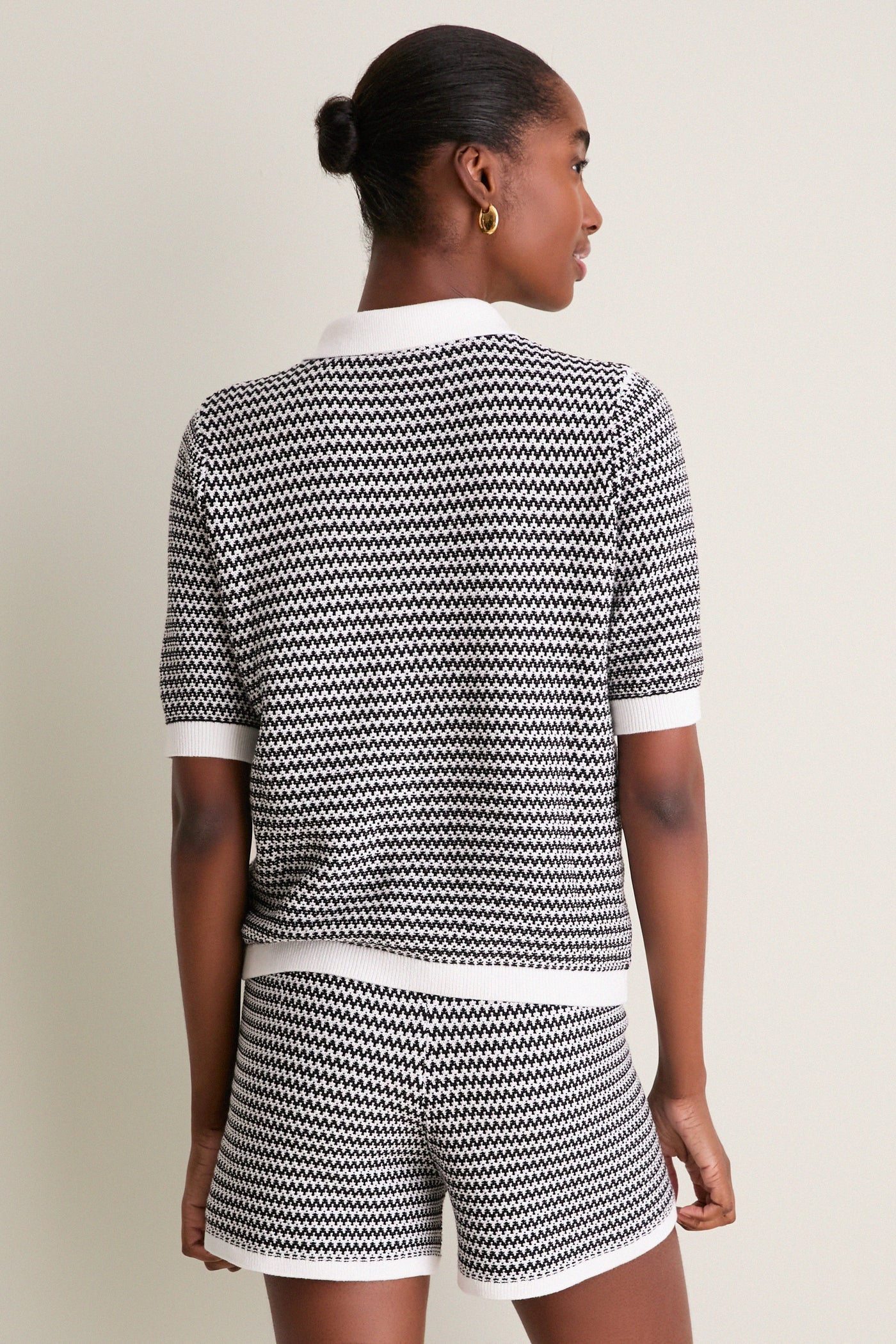 White and Black Gaelle Polo Knit Top