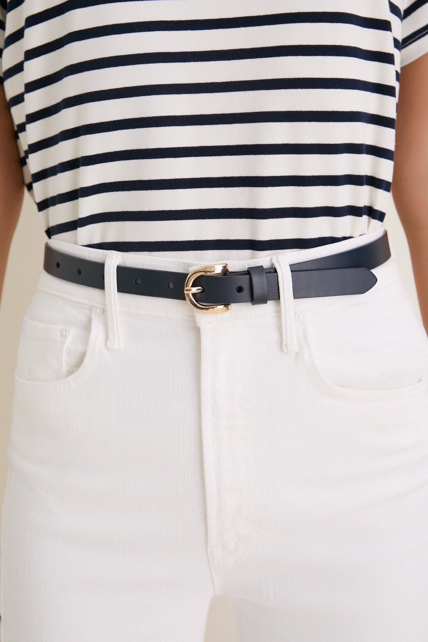 Navy Curve Buckle Skinny Belt
