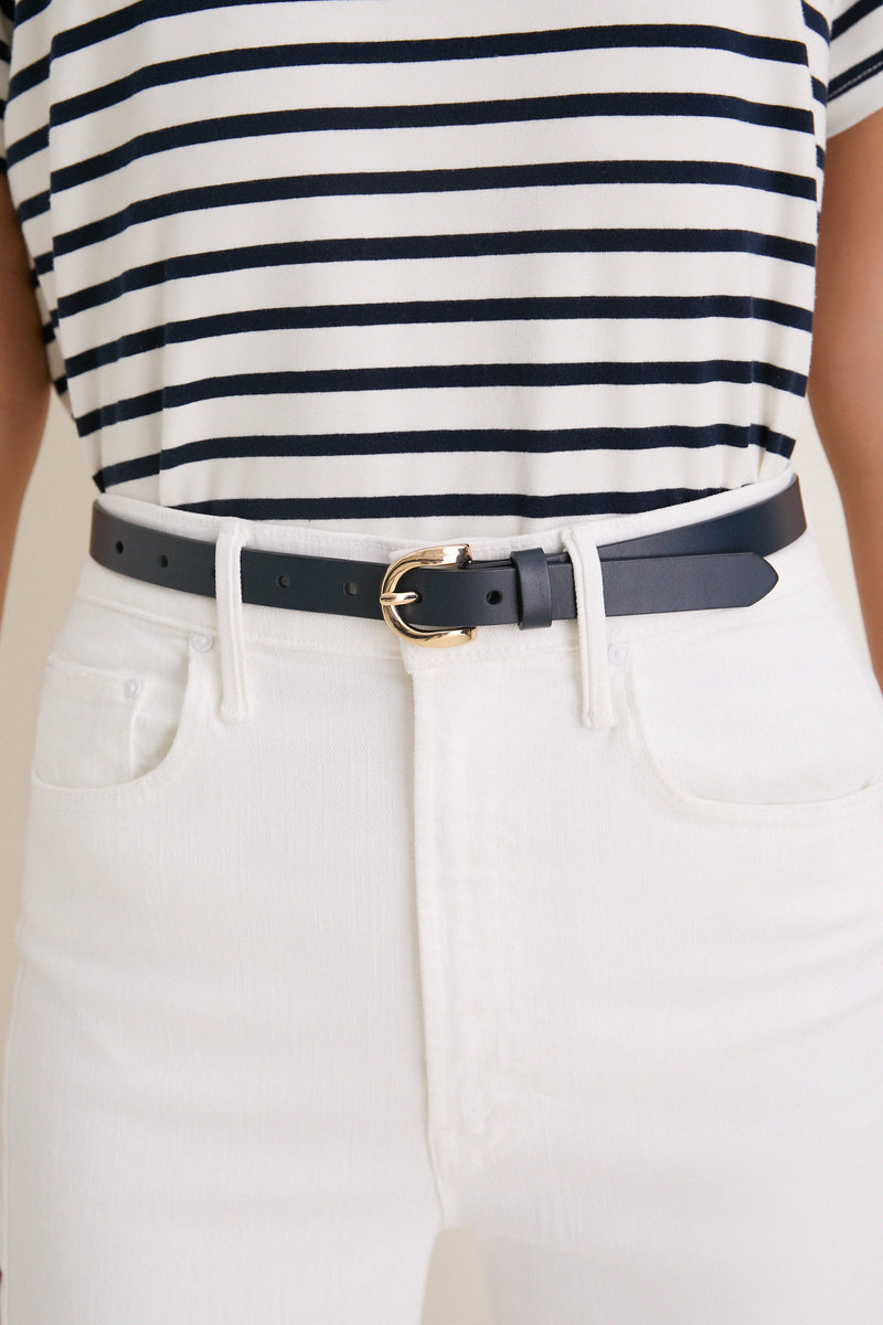 Navy Curve Buckle Skinny Belt