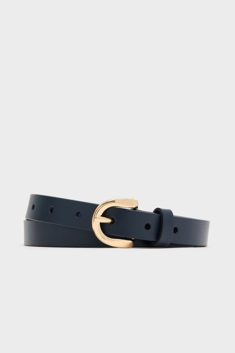 Navy Curve Buckle Skinny Belt