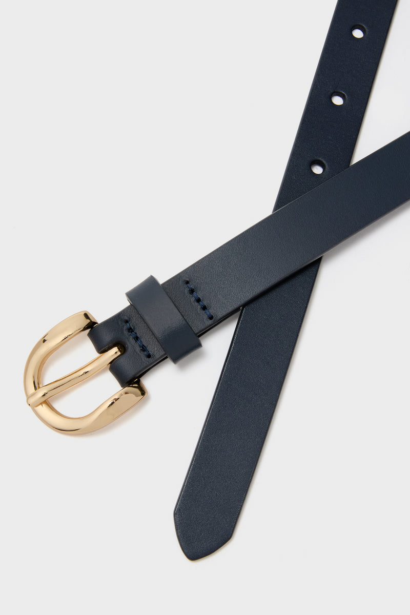 Navy Curve Buckle Skinny Belt