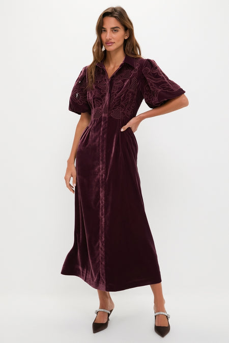 Model in a classic, effortless Winetasting Velvet Lace Delaney Dress, featuring puff sleeves, pleated waist, and embroidered velvet, capturing a high-end, fun style.