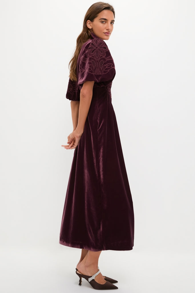 Winetasting Velvet Lace Delaney Dress modeled, showcasing classic, effortless style with puff sleeves and embroidered velvet. Perfect for high-end, fun occasions.