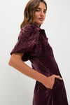 Classic side view of a model in the Winetasting Velvet Lace Delaney Dress, showcasing its effortless style with puff sleeves, embroidery, and a chic, fun fit.