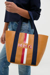 Tan Baby Daddy Tote with Red Monogram