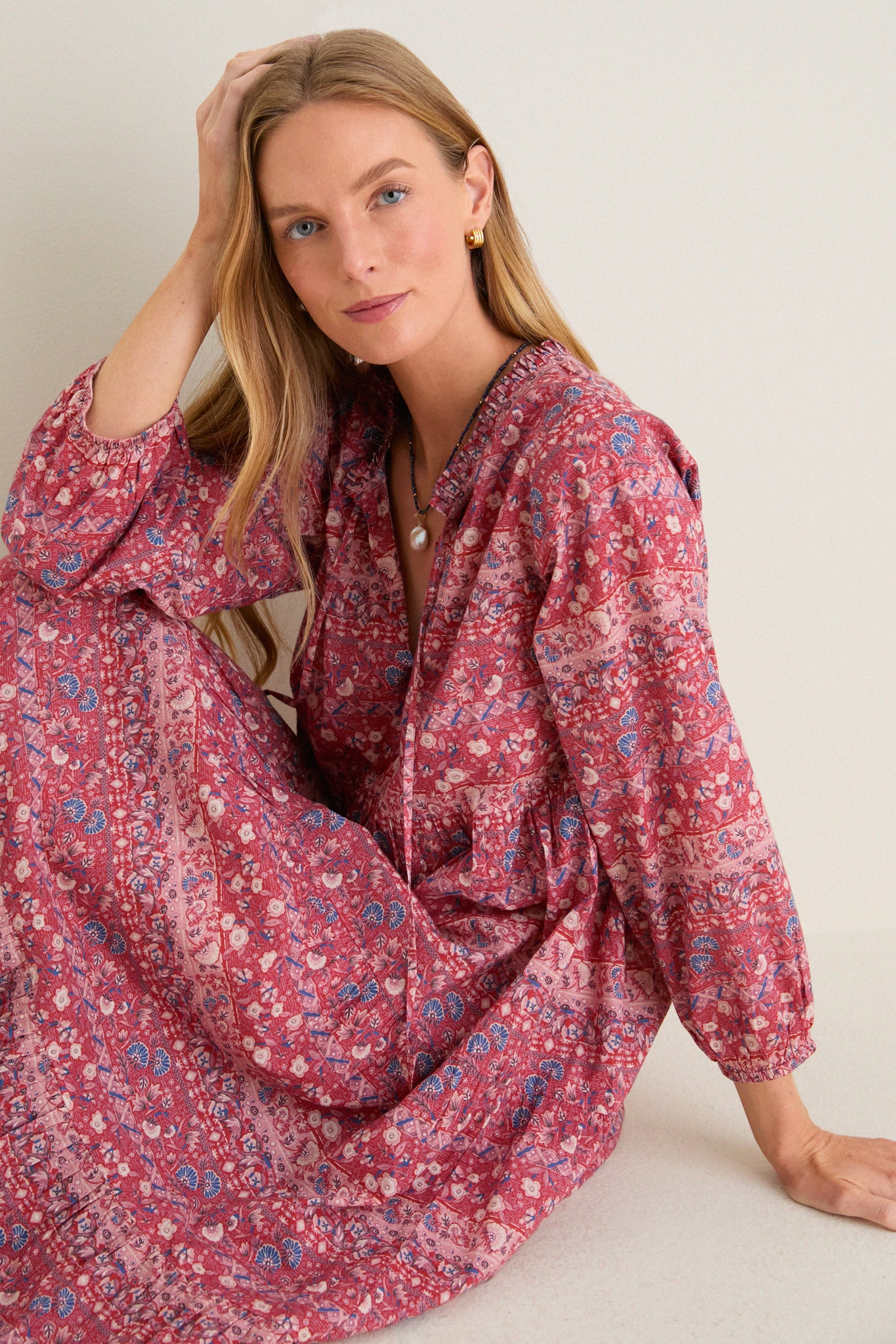 americana maxi dress Tnuck Beach Americana Batik Stripe Long Sleeve Salty Paloma Caftan Americana Batik Stripe / M