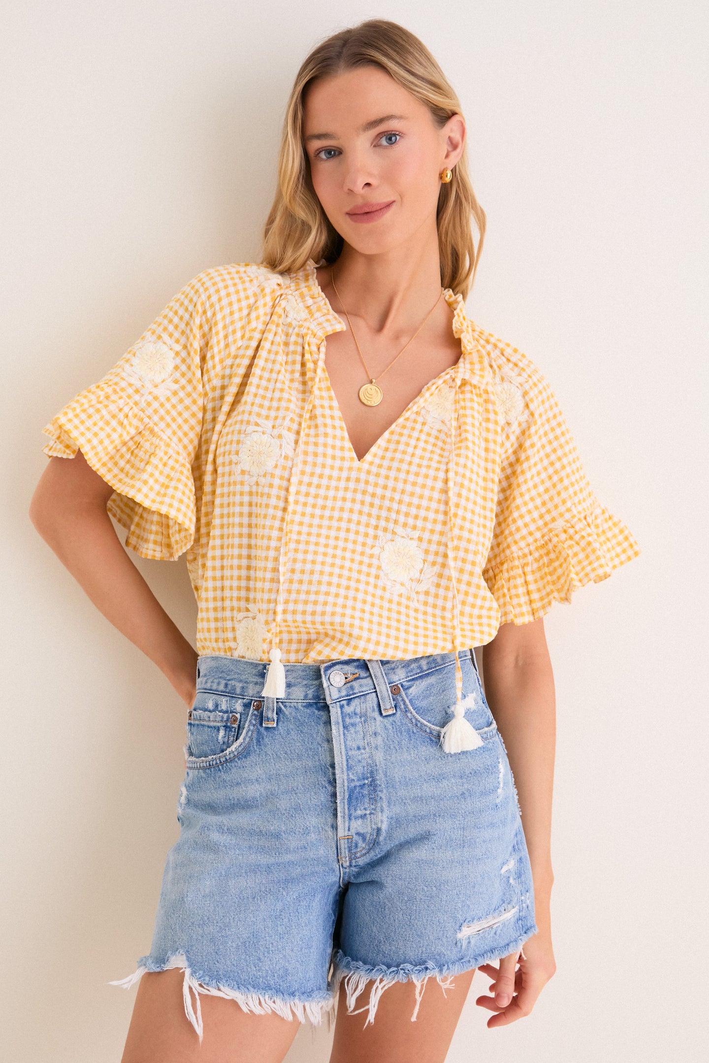 Honey Gingham Embroidered Gingham Cassis Top