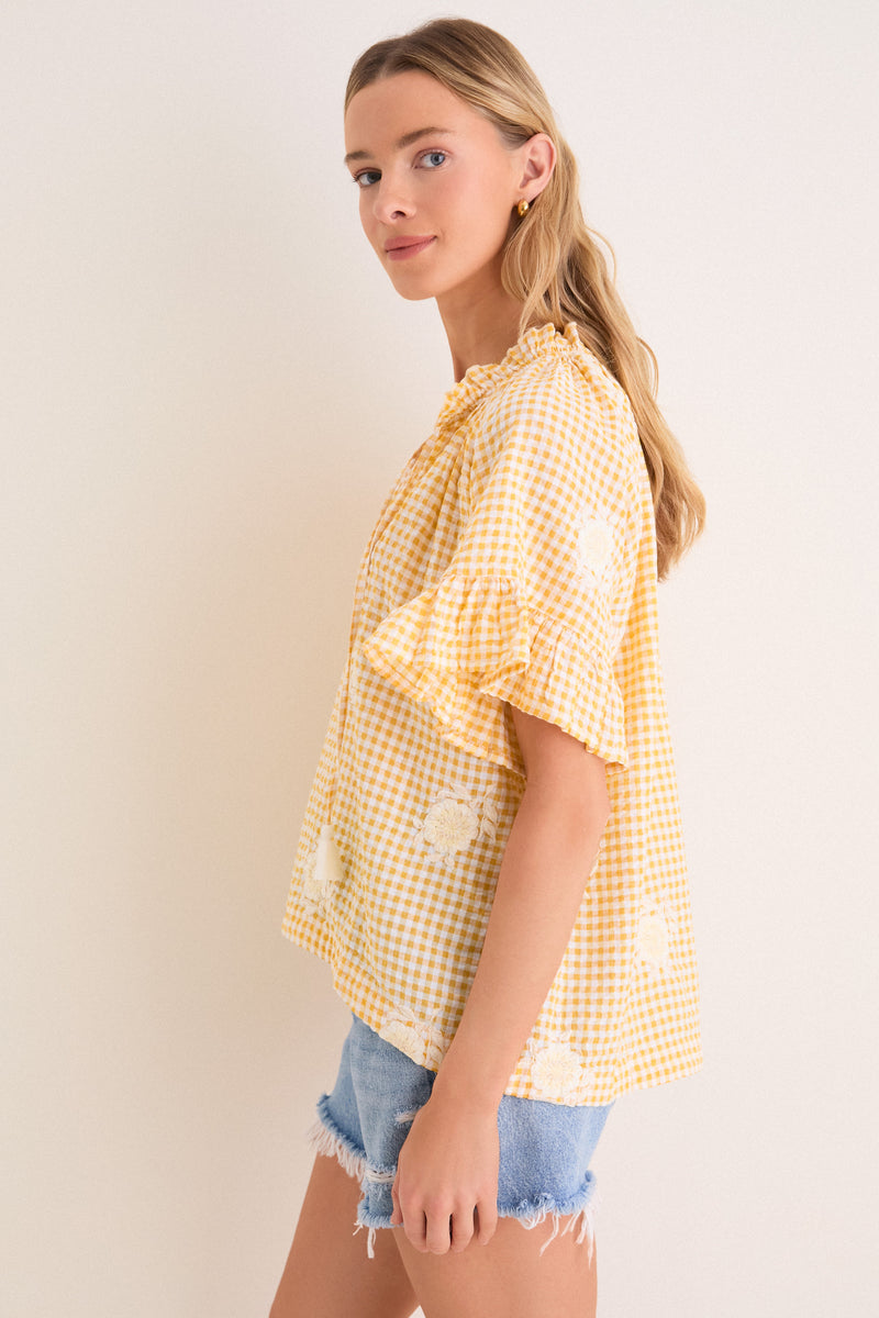Honey Gingham Embroidered Gingham Cassis Top