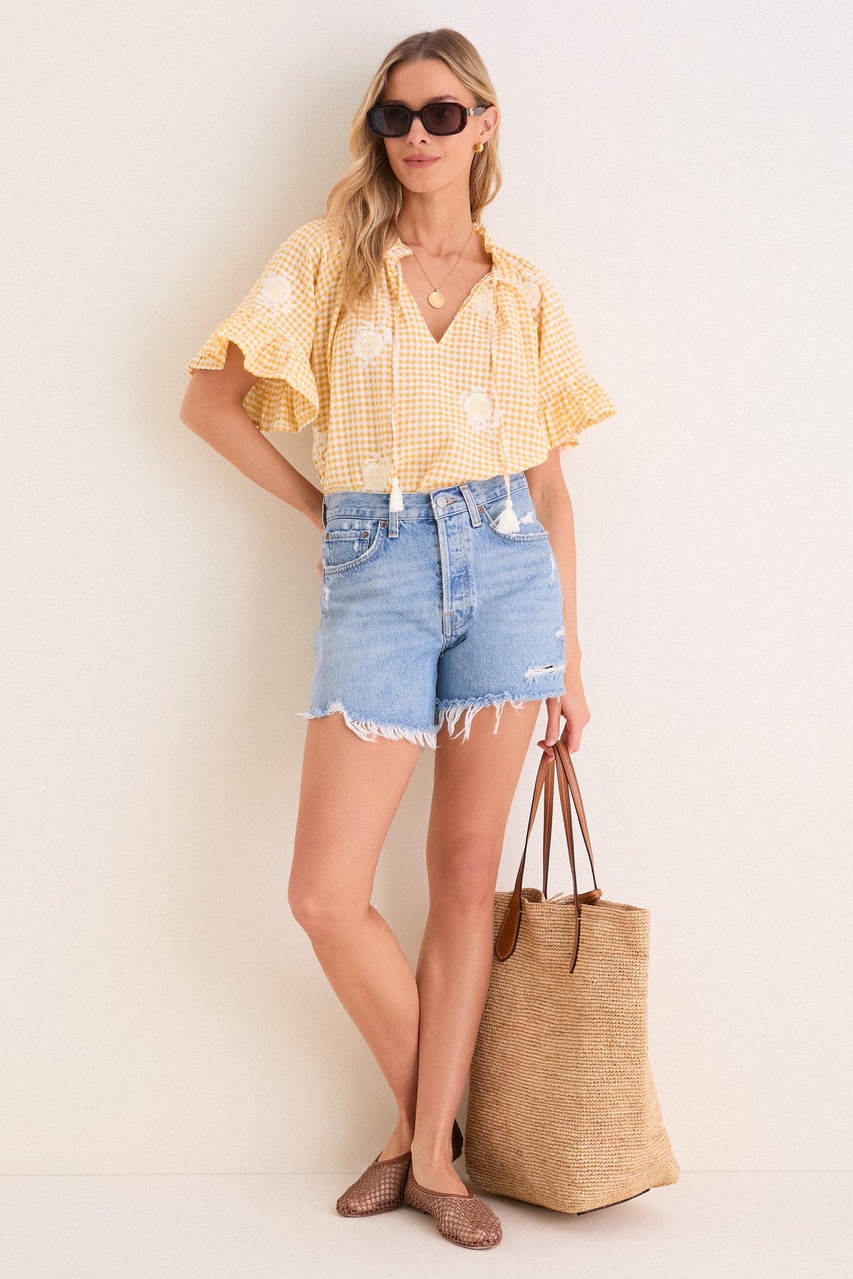 Honey Gingham Embroidered Gingham Cassis Top