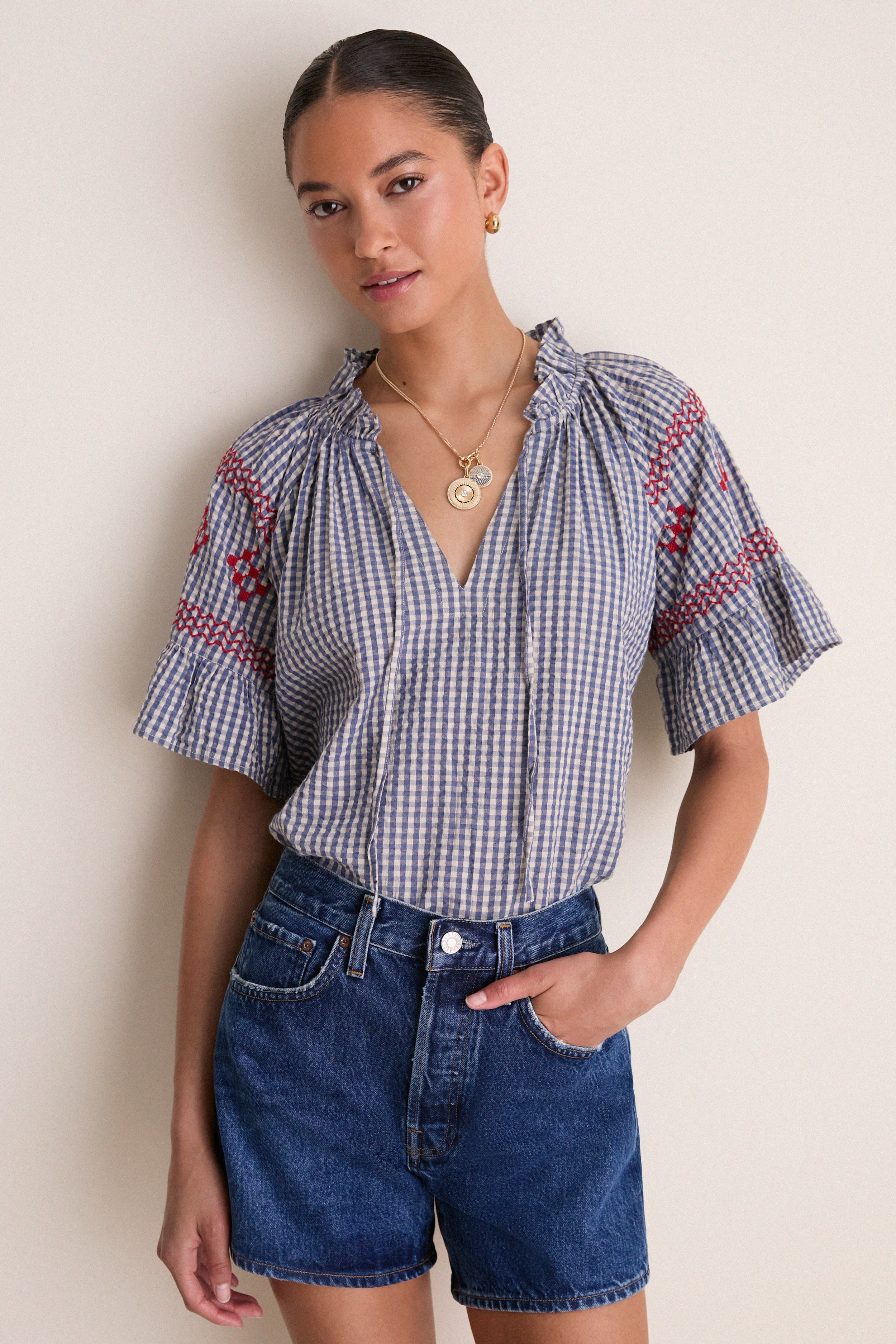 Navy Prism Embroidered Gingham Cassis Top