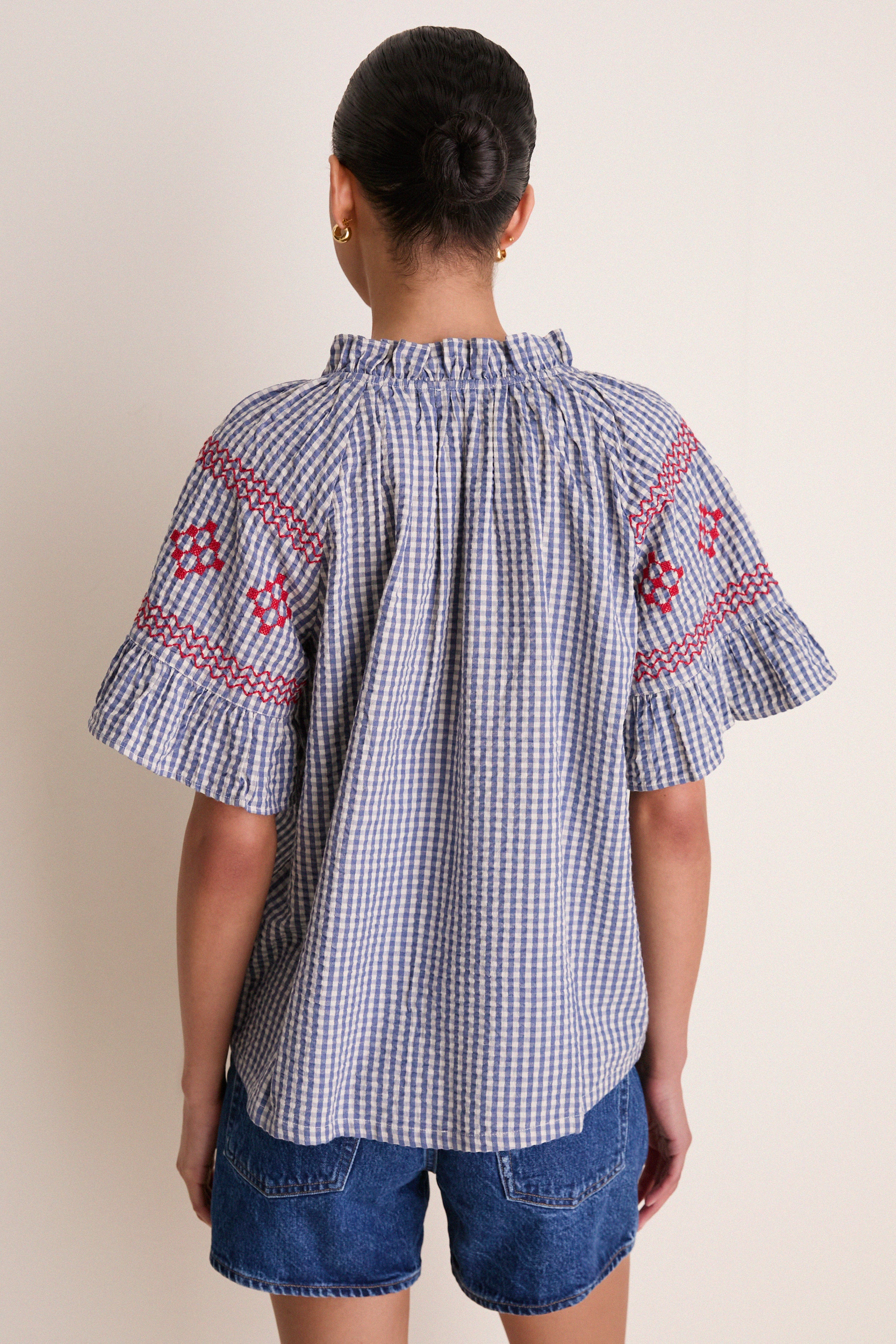 Navy Prism Embroidered Gingham Cassis Top