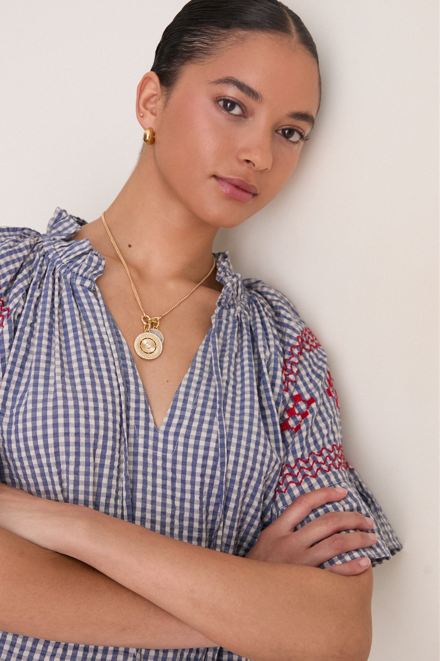 Navy Prism Embroidered Gingham Cassis Top