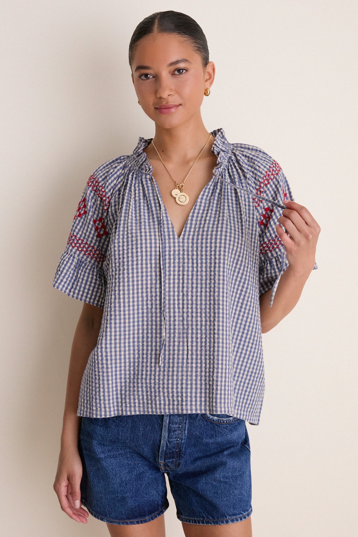 Navy Prism Embroidered Gingham Cassis Top