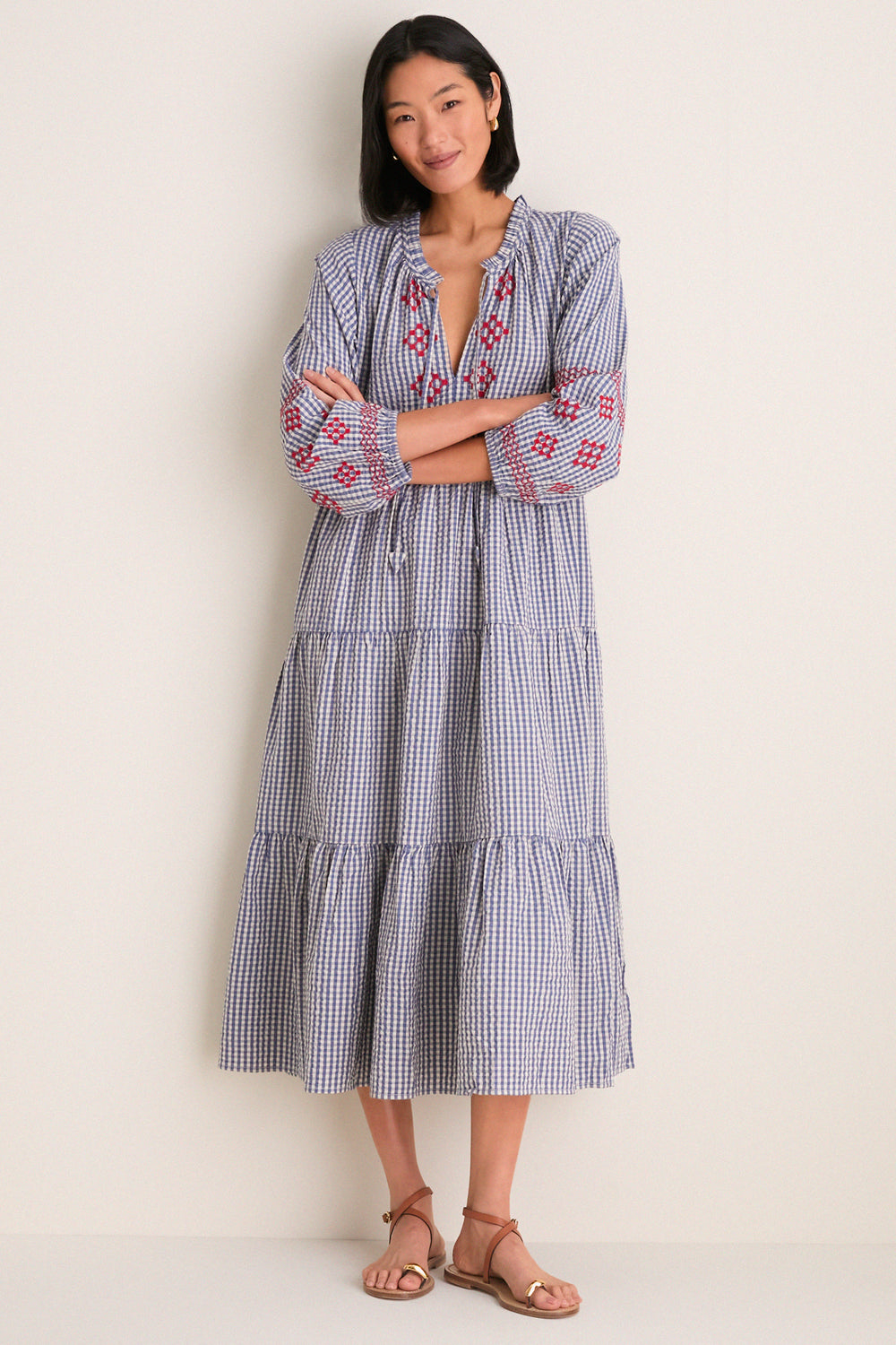 Tnuck Beach Navy Prism Embroidered Gingham Long Sleeve Salty Paloma Caftan Navy Prism Embroidered Gingham / S Tnuck Beach Navy Prism Embroidered Gingham Long Sleeve Salty Paloma Caftan Navy Prism Embroidered Gingham / S