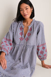 Navy Prism Embroidered Gingham Long Sleeve Salty Paloma Caftan, classic and effortlessly chic with tiered skirt and embroidered sleeves, perfect for fun, high-end style.